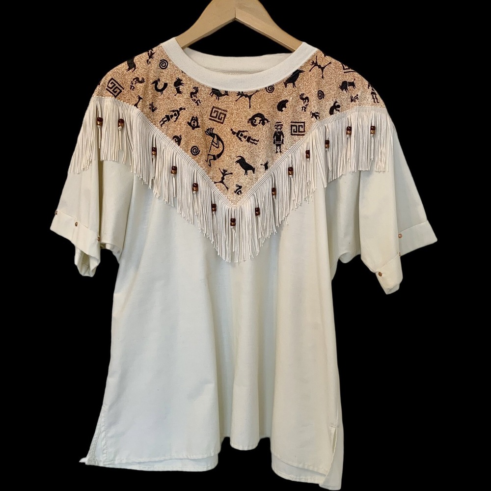 Cream Vintage Fringe Tunic Top with Embroidered Yoke Size XL